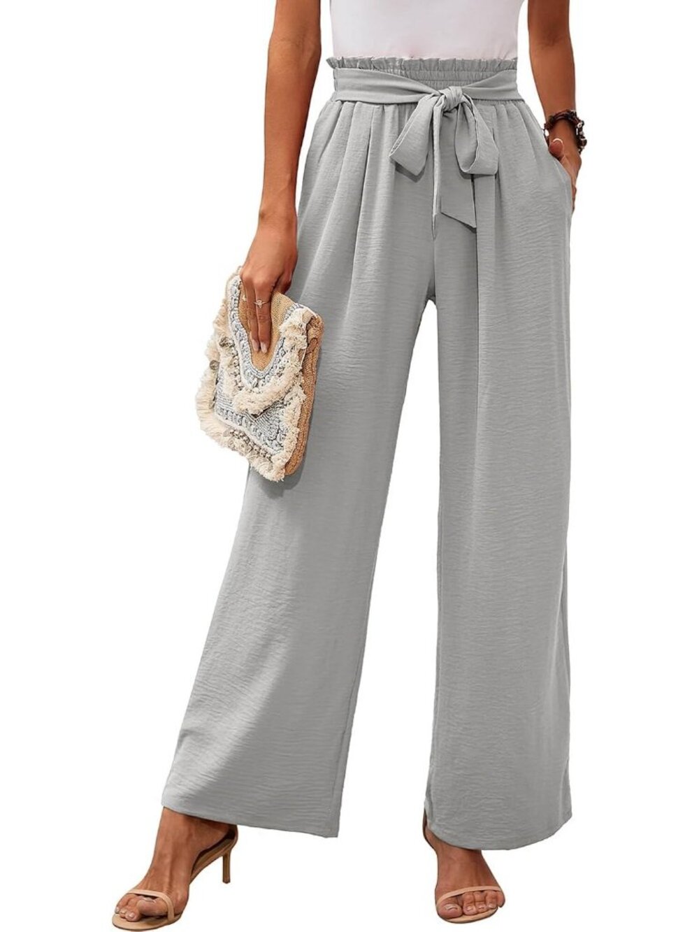 Womens Light Gray Wide Leg Pant High Waisted Tie Knot Loose Comfy Casual Trouser
